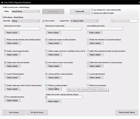 Configuration Properties of crew chief