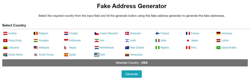 Fake Address Generator by Utilities Online
