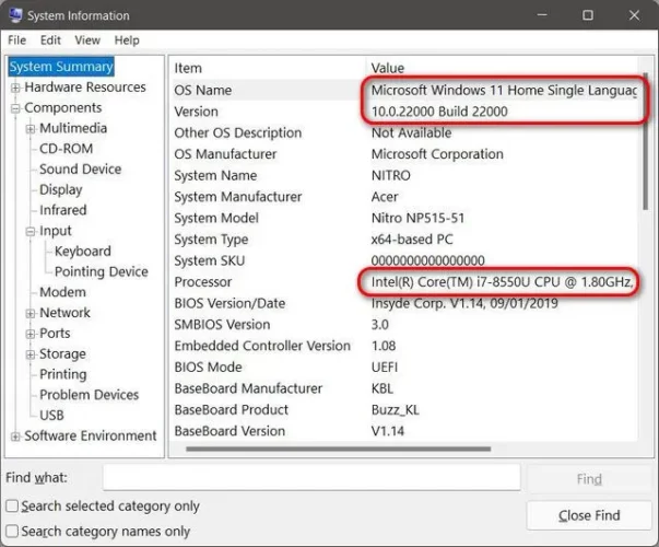 System Information window in Windows 11 displaying motherboard details under the System Model entry.